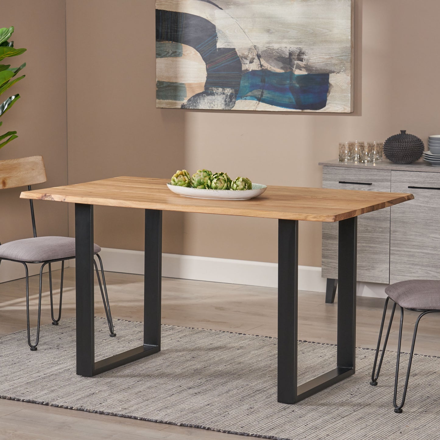 Pullen Modern Industrial Acacia Wood and Iron Dining Table, Natural and Black