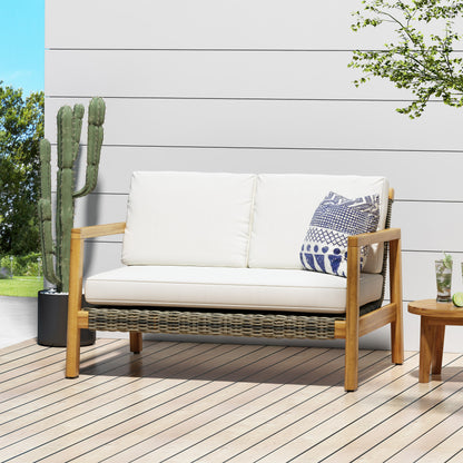 Kedan Outdoor Acacia Wood Loveseat with Wicker Accents