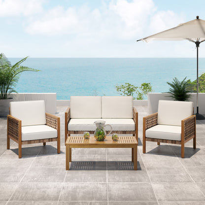 Maycen Outdoor 4 Seater Acacia Wood Chat Set with Wicker Accents