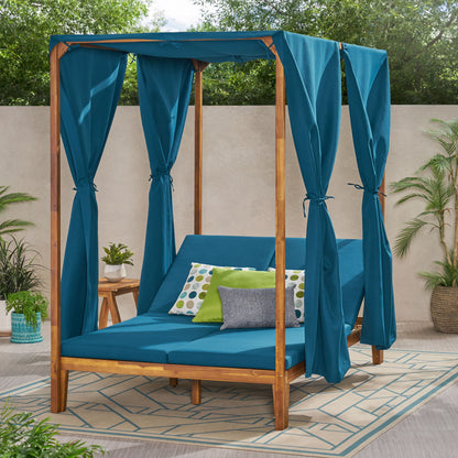 Leaverton Outdoor 2 Seater Adjustable Acacia Wood Daybed with Curtains
