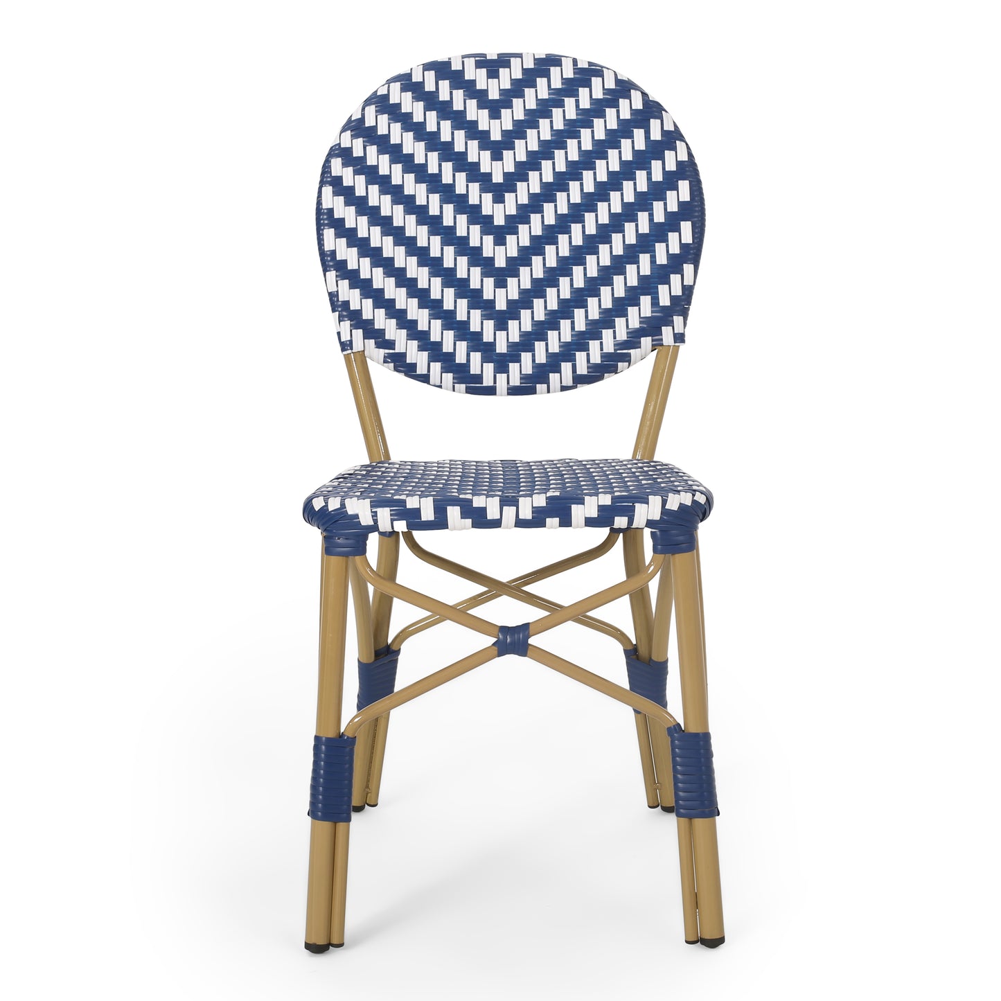 Deshler Outdoor Aluminum French Bistro Set, Navy Blue, White, and Bamboo Finish
