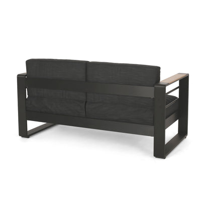 Neffs Outdoor Aluminum Loveseat with Water Resistant Cushions, Dark Gray, Natural, and Black