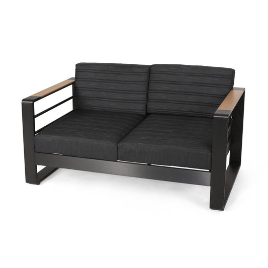 Neffs Outdoor Aluminum Loveseat with Water Resistant Cushions, Dark Gray, Natural, and Black