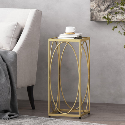 Feichko Modern Glam Glass Top End Table, Champagne Gold and Black