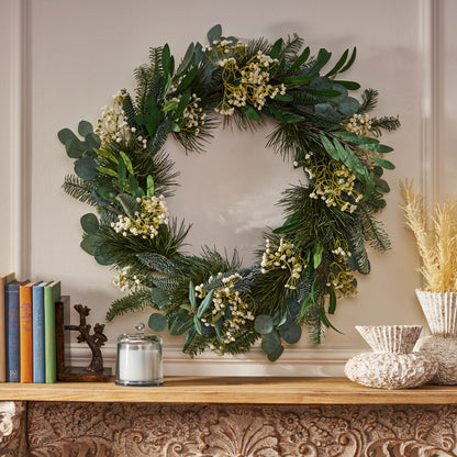 Leigh 30" Eucalyptus and Pine Artificial Silk Wreath with Baby's Breath, Green and White
