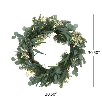Leigh 30" Eucalyptus and Pine Artificial Silk Wreath with Baby's Breath, Green and White