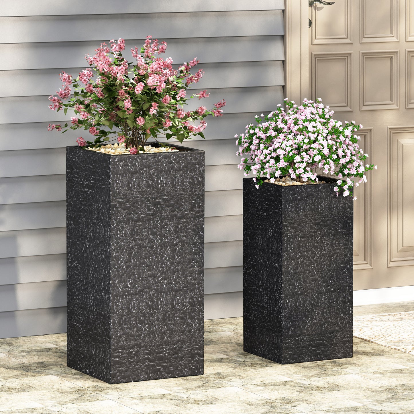 Leiman Outdoor Large and Medium Cast Stone Planters, Set of 2, Gray