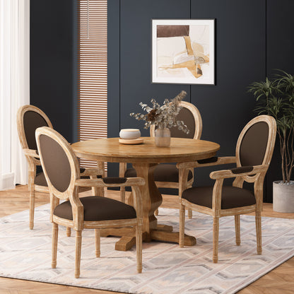 Bryan French Country Fabric Upholstered Wood 5 Piece Circular Dining Set