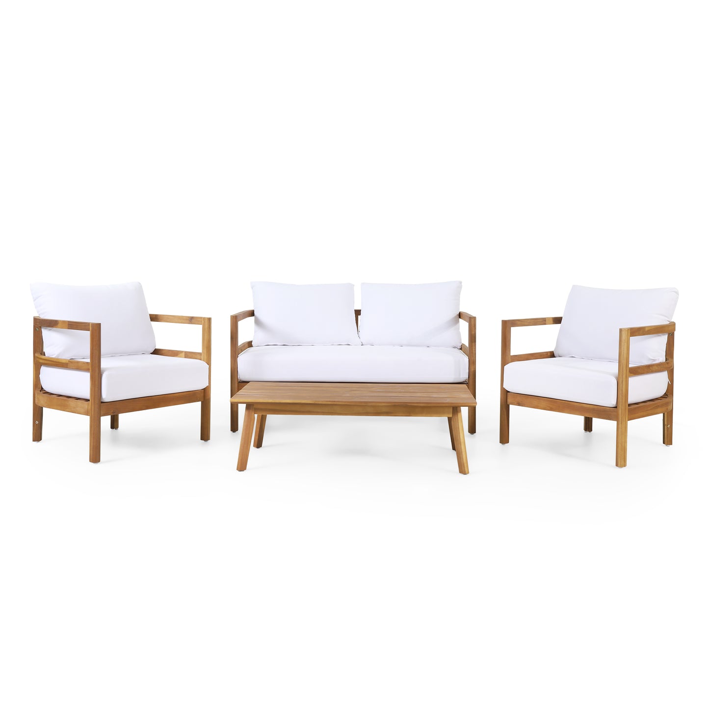 Aggie Outdoor Acacia Wood 4-Seater Chat Set with Cushion, Teak and White