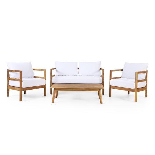 Aggie Outdoor Acacia Wood 4-Seater Chat Set with Cushion, Teak and White
