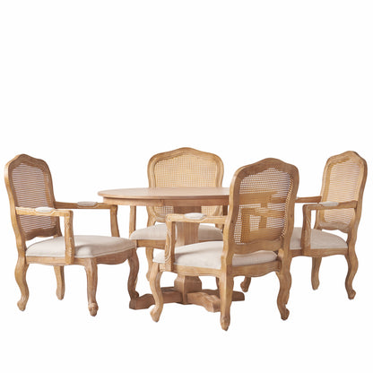 Absaroka French Country Fabric Upholstered Wood and Cane 5 Piece Circular Dining Set