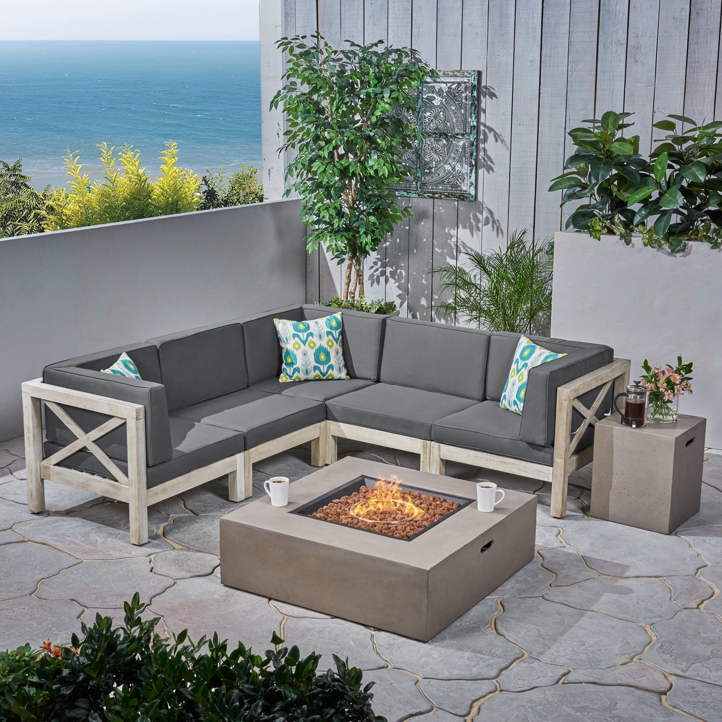 Cynthia Outdoor Acacia Wood 5 Seater Sectional Sofa Set with Fire Pit