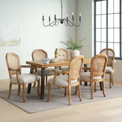 Aldrich Farmhouse Fabric Upholstered Wood and Cane 7 Piece Dining Set