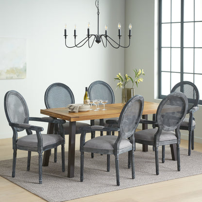Trillium Farmhouse Fabric Upholstered Wood and Cane 7 Piece Dining Set, Natural, Rustic Metal, and Gray