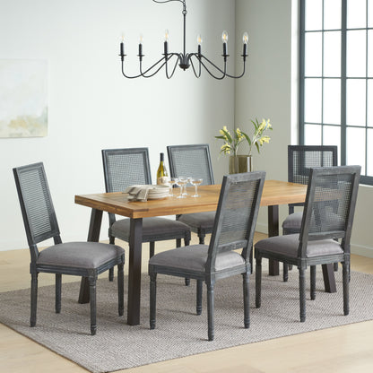 Whitten Farmhouse Fabric Upholstered Wood and Cane 7 Piece Dining Set