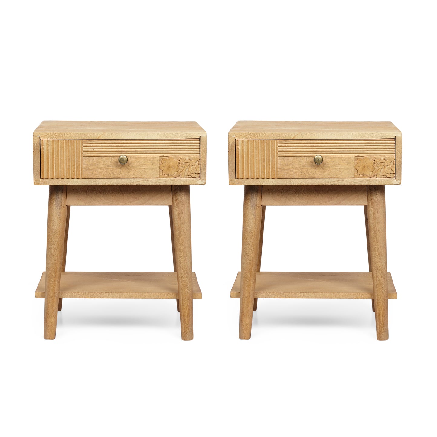 McManus Tennille Boho Handcrafted Mango Wood Nightstand with Drawer, Set of 2, Natural