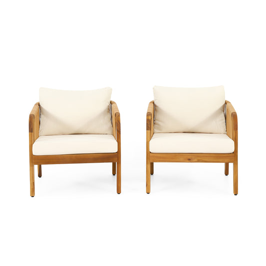 Allerton Outdoor Acacia Wood and Wicker Club Chairs with Cushions, Set of 2, Teak, Light Brown, and Beige