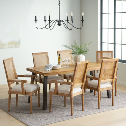 Marten Farmhouse Fabric Upholstered Wood and Cane 7 Piece Dining Set