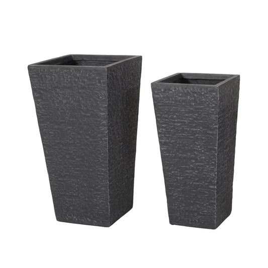 Tengren Outdoor Large and Medium Cast Stone Planters, Set of 2, Gray