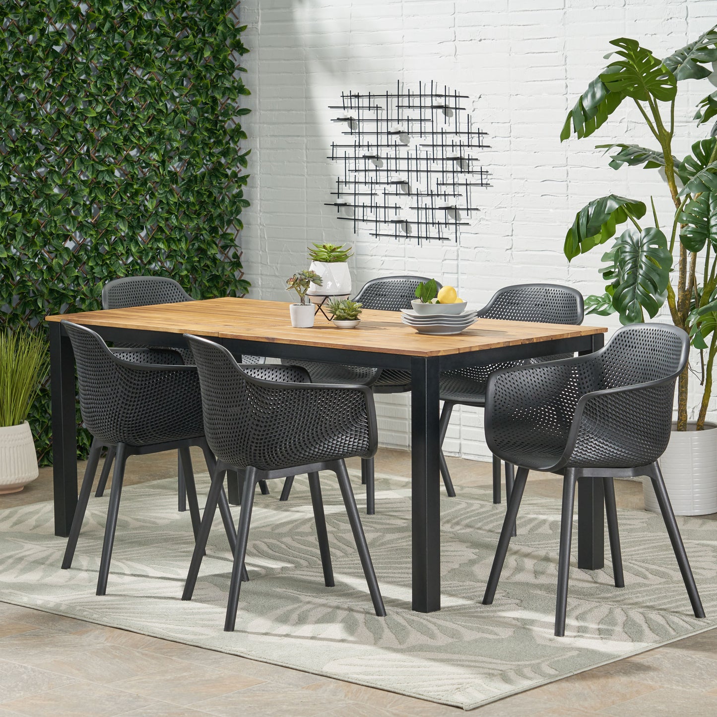 Riviera Outdoor Wood and Resin 7 Piece Dining Set, Black and Teak