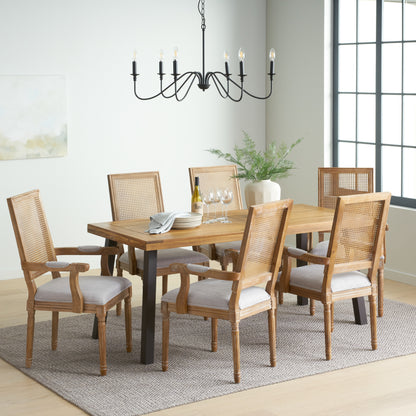 Marten Farmhouse Fabric Upholstered Wood and Cane 7 Piece Dining Set