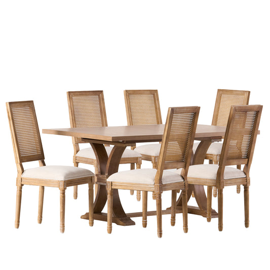 Brownell French Country Fabric Upholstered Wood and Cane 7 Piece Expandable Dining Set