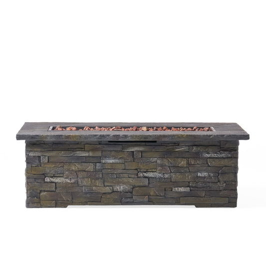 Dunnigan Outdoor 50,000 BTU Lightweight Concrete Rectangular Fire Pit (No Tank Holder), Natural Stone
