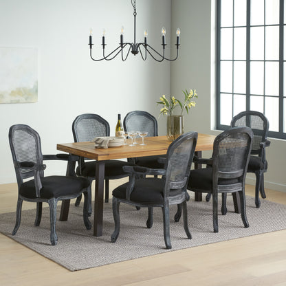 Aldrich Farmhouse Fabric Upholstered Wood and Cane 7 Piece Dining Set
