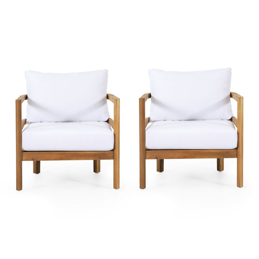 Aggie Outdoor Acacia Wood Club Chair with Cushion, Set of 2, Teak and White