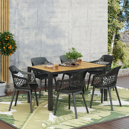 Airyanna Outdoor Wood and Resin 7 Piece Dining Set, Black and Teak