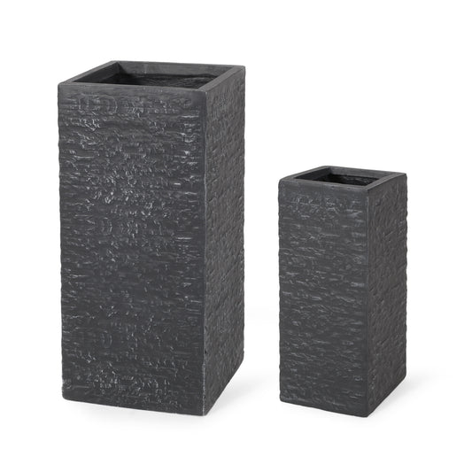 Leiman Outdoor Large and Small Cast Stone Planters, Set of 2, Gray