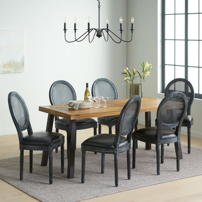 Warbler Farmhouse Faux Leather Upholstered Wood and Rattan 7 Piece Dining Set, Natural, Midnight Black, and Gray