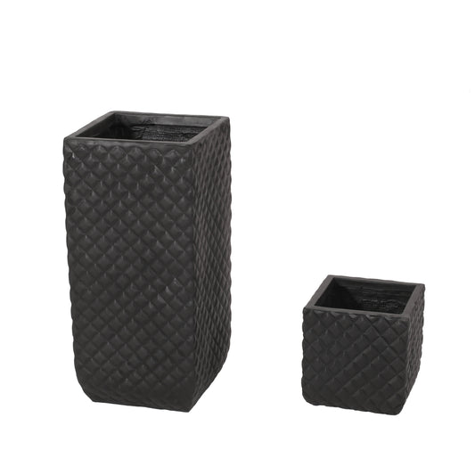 Harlar Outdoor Large and Small Cast Stone Planters, Set of 2, Matte Black