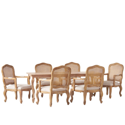 Bonview French Country Fabric Upholstered Wood and Cane Expandable 7 Piece Dining Set