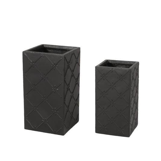 Hula Outdoor Cast Stone Small and Large Planter Set, Matte Black