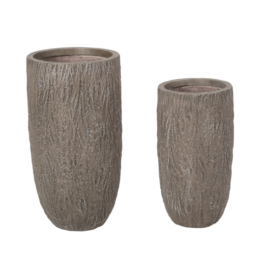 Moreno Outdoor Medium and Large Cast Stone Planter Set, Brown Wood
