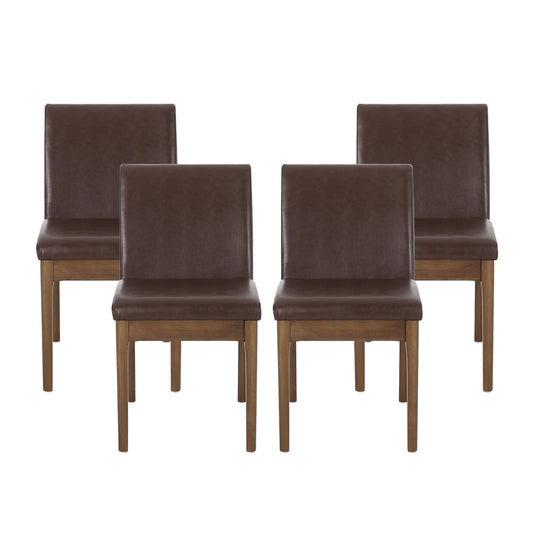Hampton Mid Century Modern Upholstered Dining Chairs, Set of 4, Dark Brown Faux Leather and Walnut