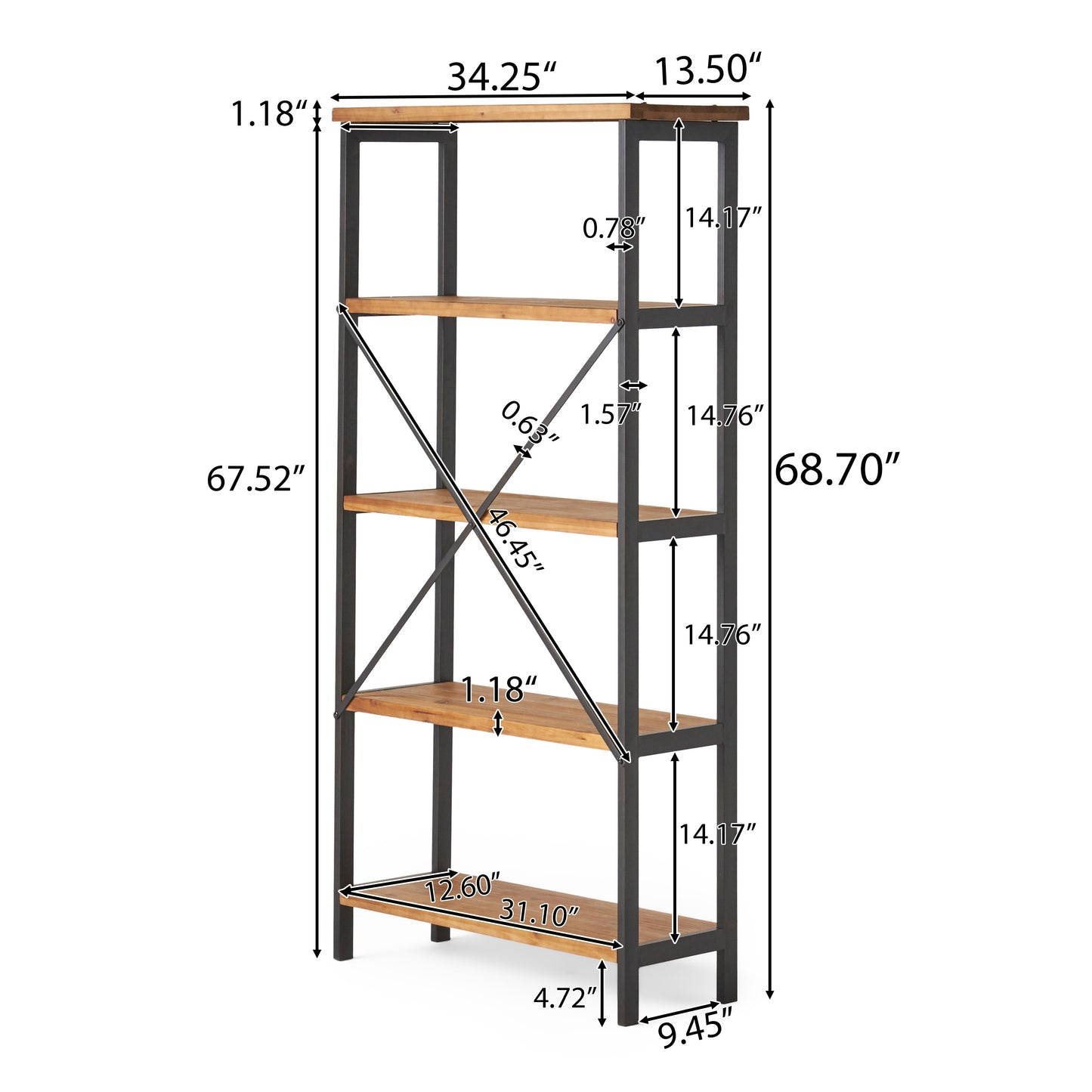 Warner Rustic 4 Shelf Wood & Metal Etagere Bookcase