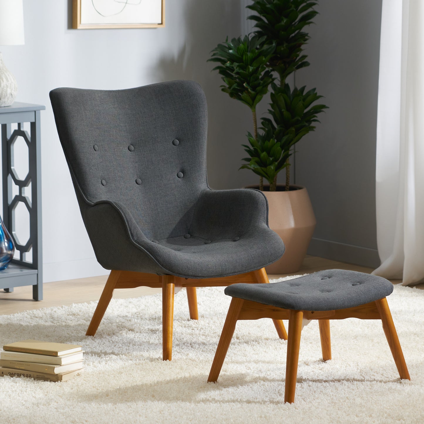 Acantha Mid-Century Modern Wingback Fabric Chair and Ottoman Set