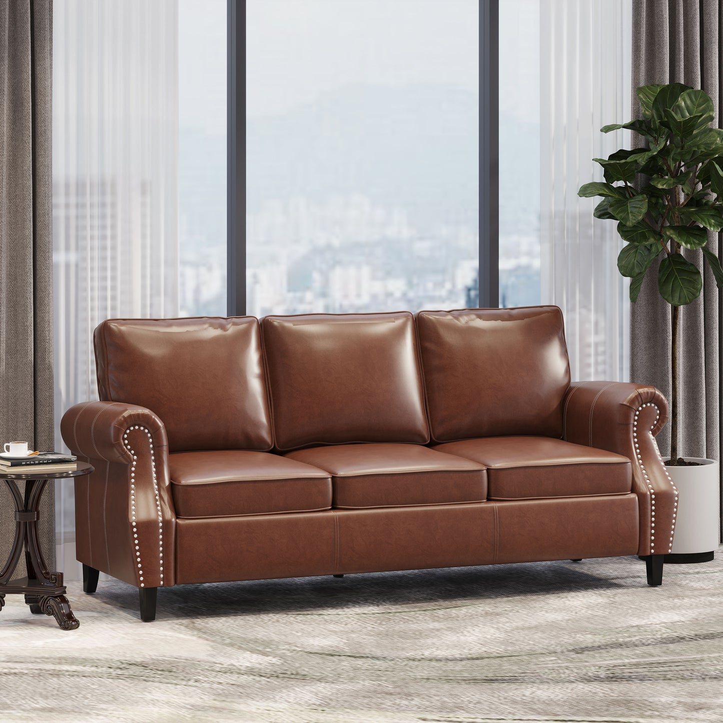Burkehaven Contemporary Faux Leather 3 Seater Sofa with Nailhead Trim