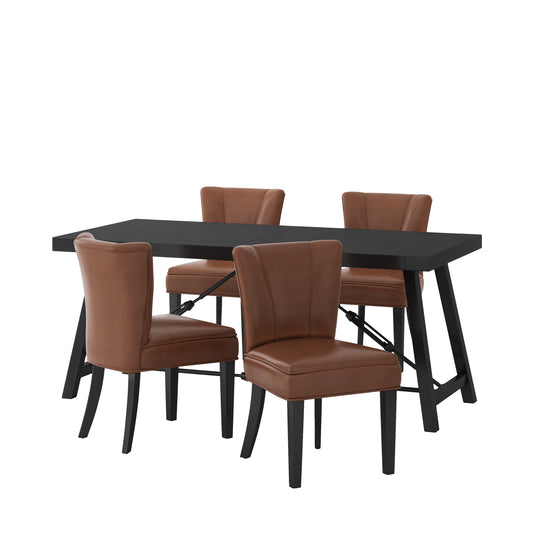 Edgemoor Modern Industrial Faux Leather and Acacia Wood 5 Piece Dining Set, Cognac Brown and Black