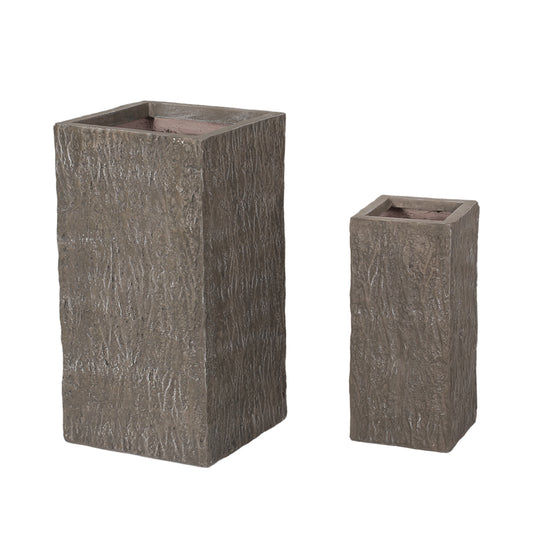 Berkamn Outdoor Large and Small Cast Stone Planters, Set of 2, Brown Wood