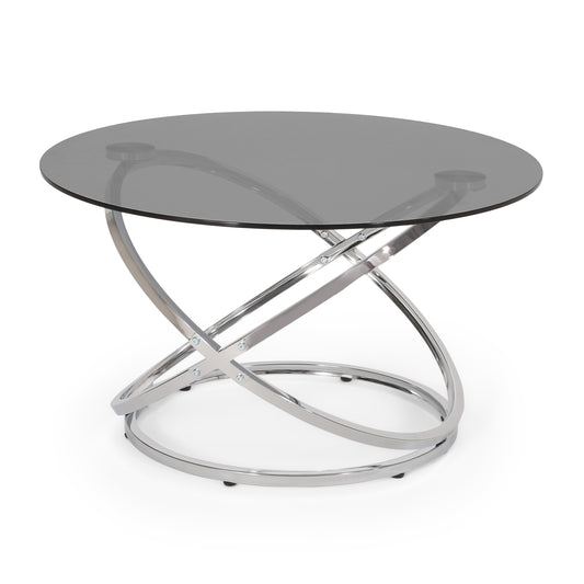 Hearney Modern Glass Top Round Coffee Table, Gray and Chrome