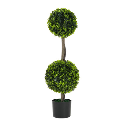 Valvion 34" Artificial Topiary Boxwood Tree Double Ball with Black Plastic Pot, Set of 2