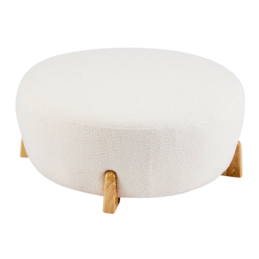 Modis Round Ottoman: Boucle Top with Splayed Rubber Wood Legs