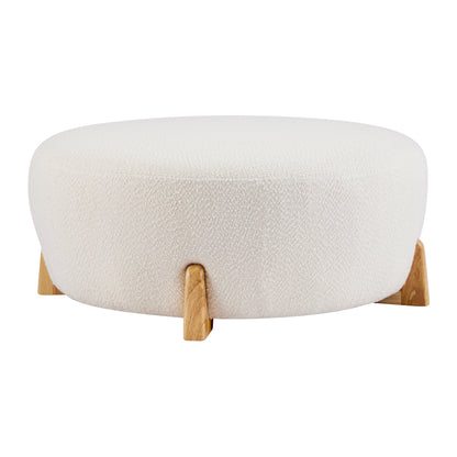 Modis Round Ottoman: Boucle Top with Splayed Rubber Wood Legs