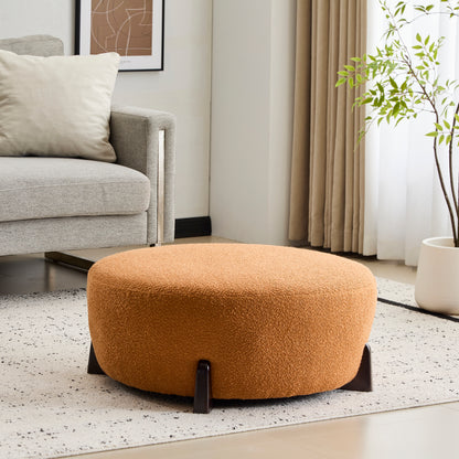 Modis Round Ottoman: Boucle Top with Splayed Rubber Wood Legs