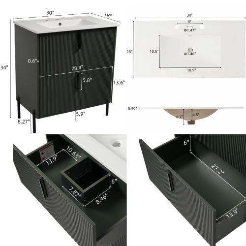 Peaken 30" Bathroom Vanity with Ceramic Sink and Full-Extension Drawers, Soft Close Undermount Drawer Slides