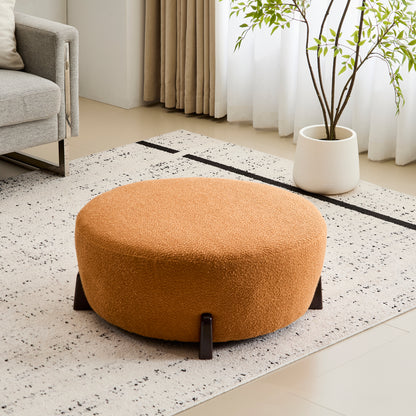 Modis Round Ottoman: Boucle Top with Splayed Rubber Wood Legs