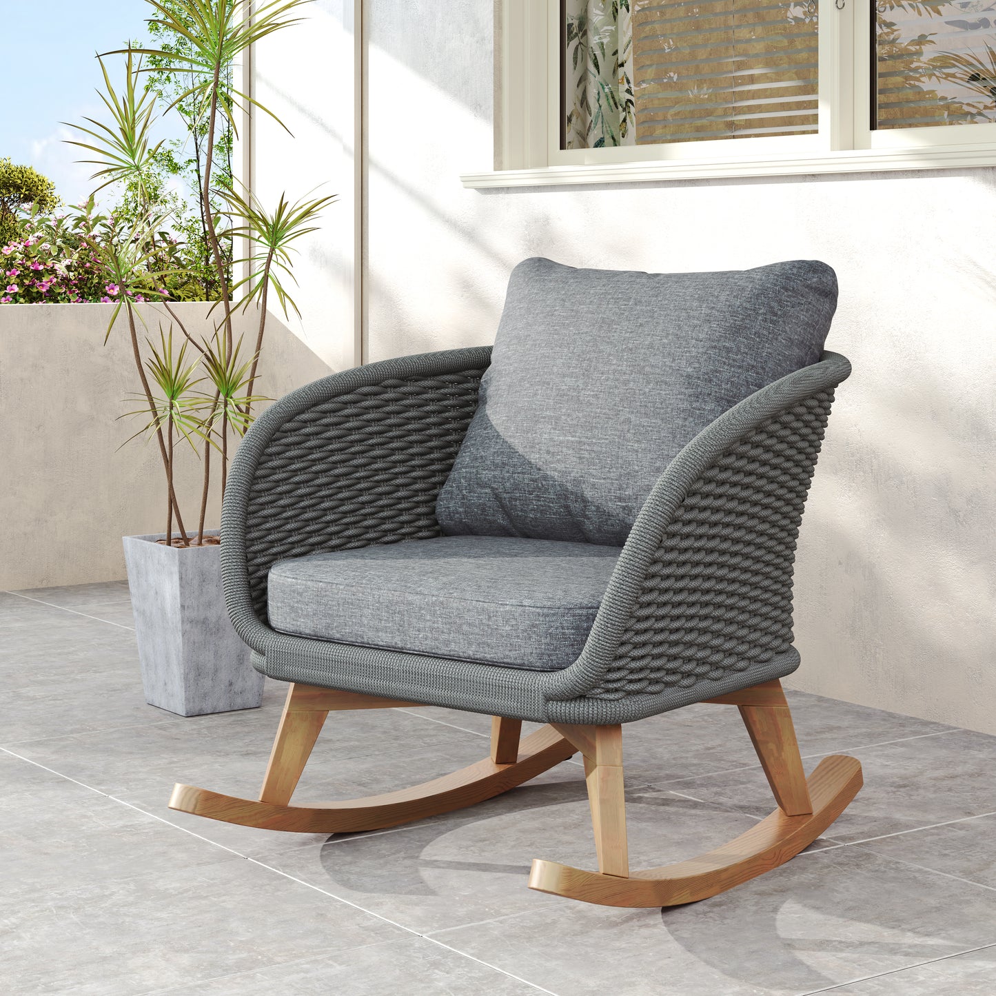 Elarvasir Contemporary Minimalist Beige Wicker Rocking Chair with Soft Polyester Cushions